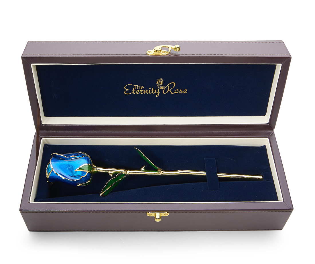 Blaue Knospenrose glasiert im Lederetui