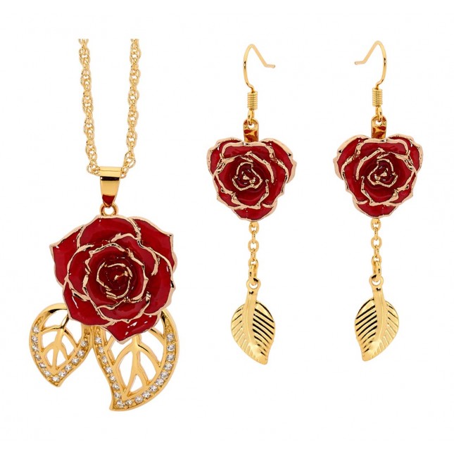 Rot glasierter Rosenblütenanhänger & Ohrringe. Blatt-Design