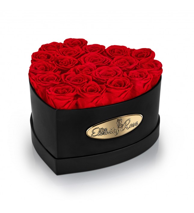 20 Preserved Red Roses. Heart Display Box in Black 
