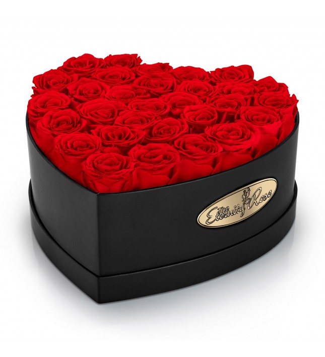 30 Preserved Red Roses. Heart Display Box in Black 