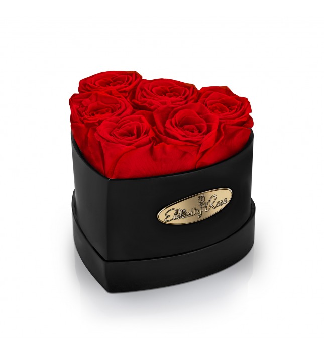 6 Preserved Red Roses. Heart Display Box in Black 