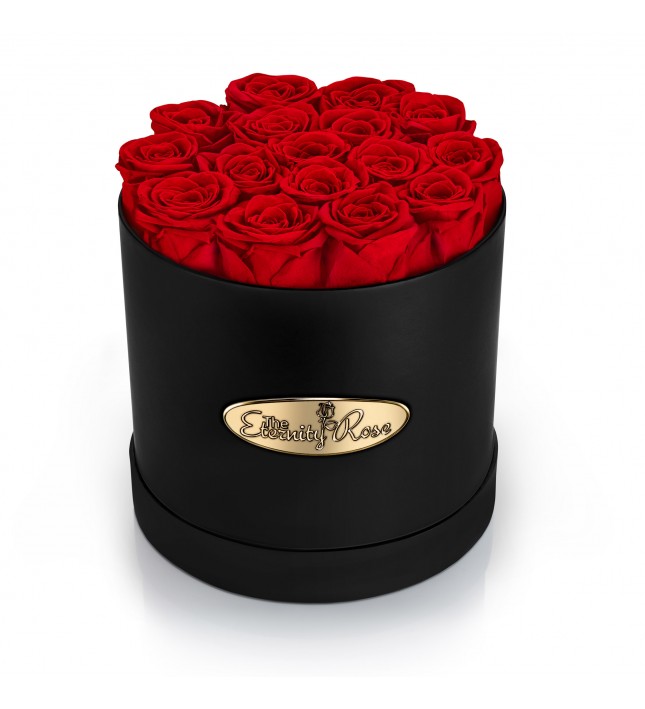 16 Preserved Roses. Round Black Display Box 