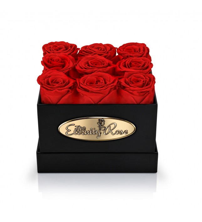 9 Preserved Red Roses. Square Black Display Box 