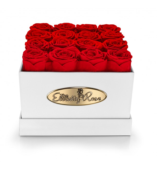 16 Preserved Red Roses. Square White Display Box 