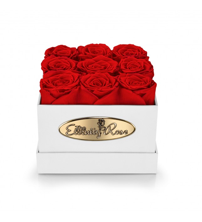 9 Preserved Red Roses. Square White Display Box 