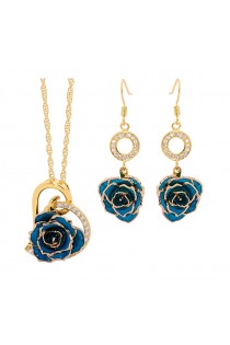 Blau glasierter Rosenblütenanhänger & Ohrringe. Herz-Design