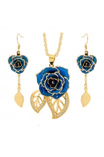 Blau glasierter Rosenblütenanhänger & Ohrringe. Blatt-Design