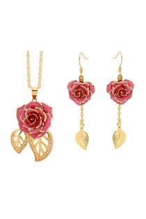 Rosa glasierter Rosenblütenanhänger & Ohrringe. Blatt-Design