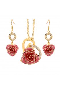 Rosa glasierter Rosenblütenanhänger & Ohrringe. Herz-Design