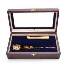  Vergoldete Rose & Vase Set. Ledertasche mit Fenster