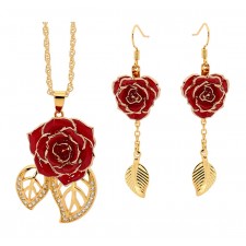 Rot glasierter Rosenblütenanhänger & Ohrringe. Blatt-Design