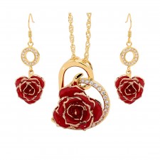 Rot glasierter Rosenblütenanhänger & Ohrringe. Herz-Design