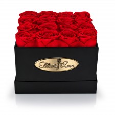 16 Preserved Red Roses. Square Black Display Box 