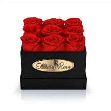 9 Preserved Red Roses. Square Black Display Box 