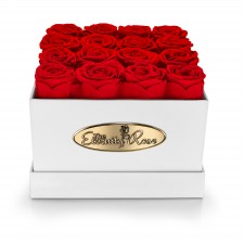 16 Preserved Red Roses. Square White Display Box 