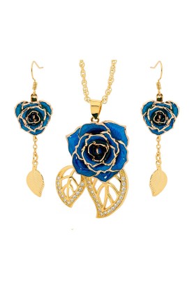 Blau glasierter Rosenblütenanhänger & Ohrringe. Blatt-Design