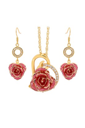  Vergoldete Rose mit rosa Schmuckset. Herz-Design