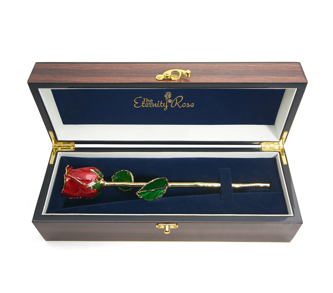 Rot glasierte Rose (enge Knospe). Glanz Holzmaserung Box