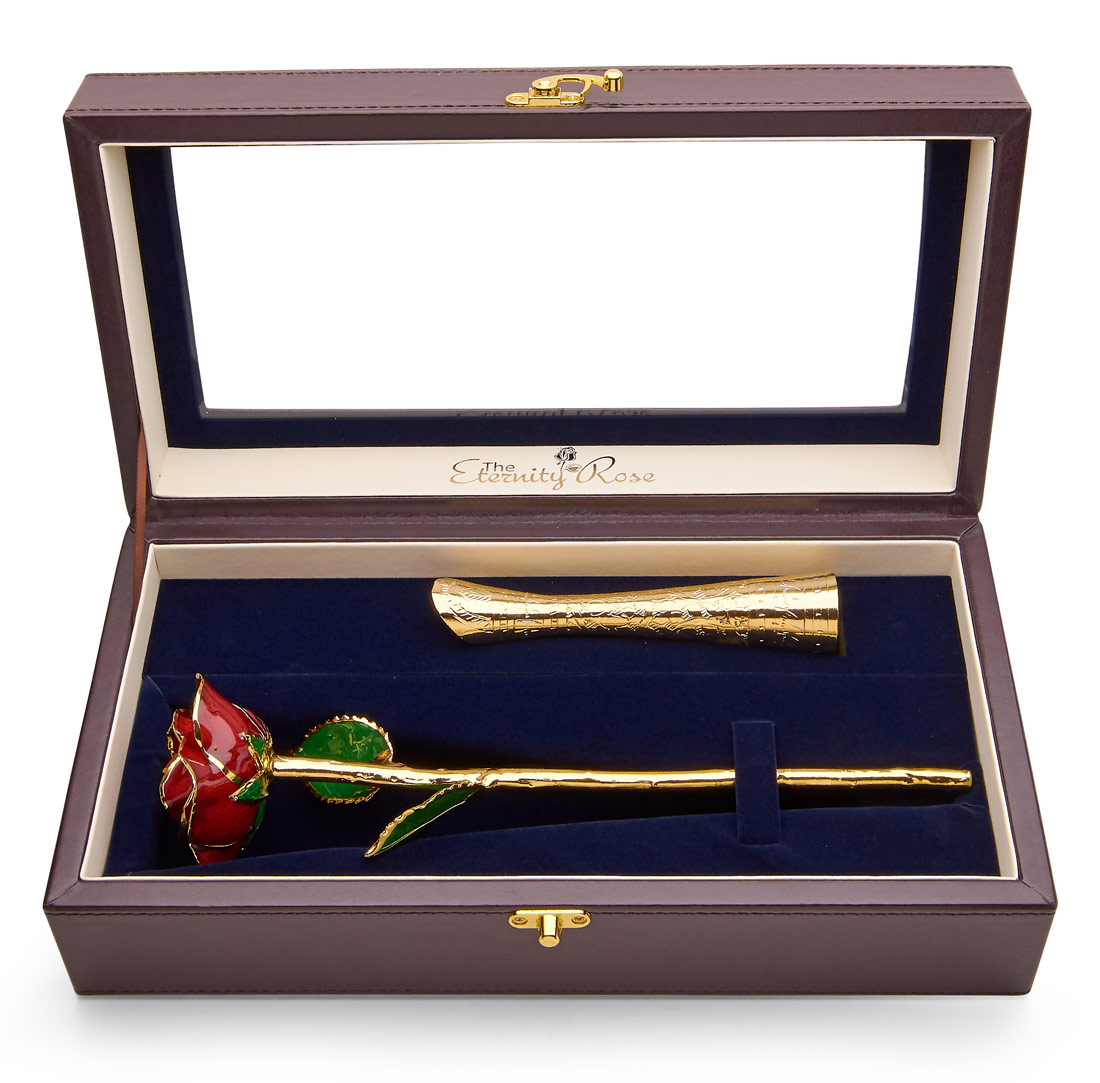 Rot glasierte Rose & Vase Set. Ledertasche mit Fenster