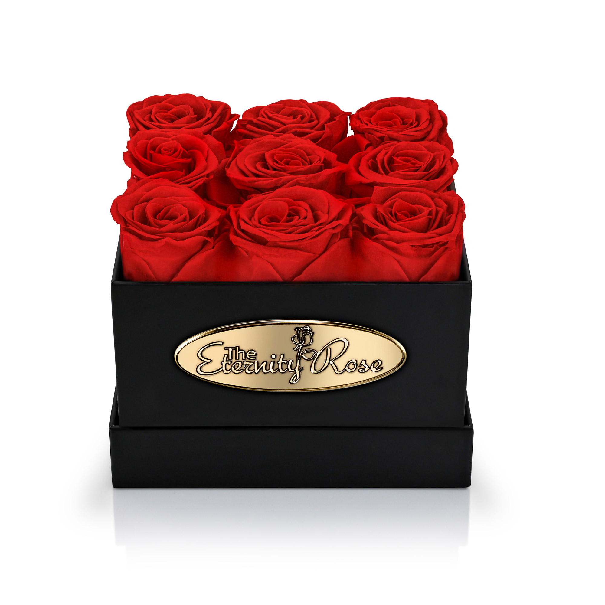 9 Konservierte Rote Rosen – Schwarze Quadratische Box
